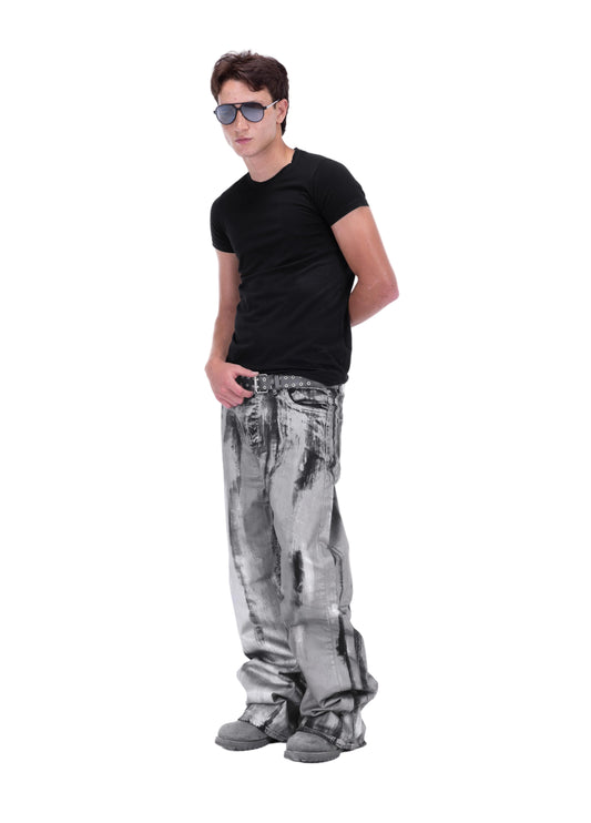 Silver washed luster waxed jeans