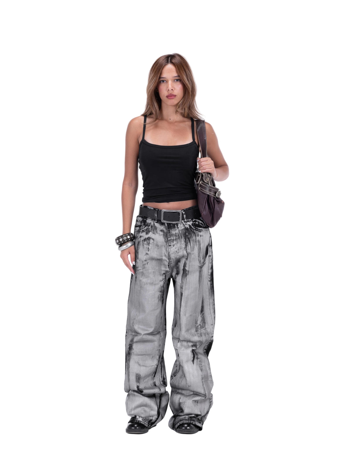 Silver washed luster waxed jeans