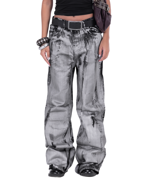 Silver washed luster waxed jeans